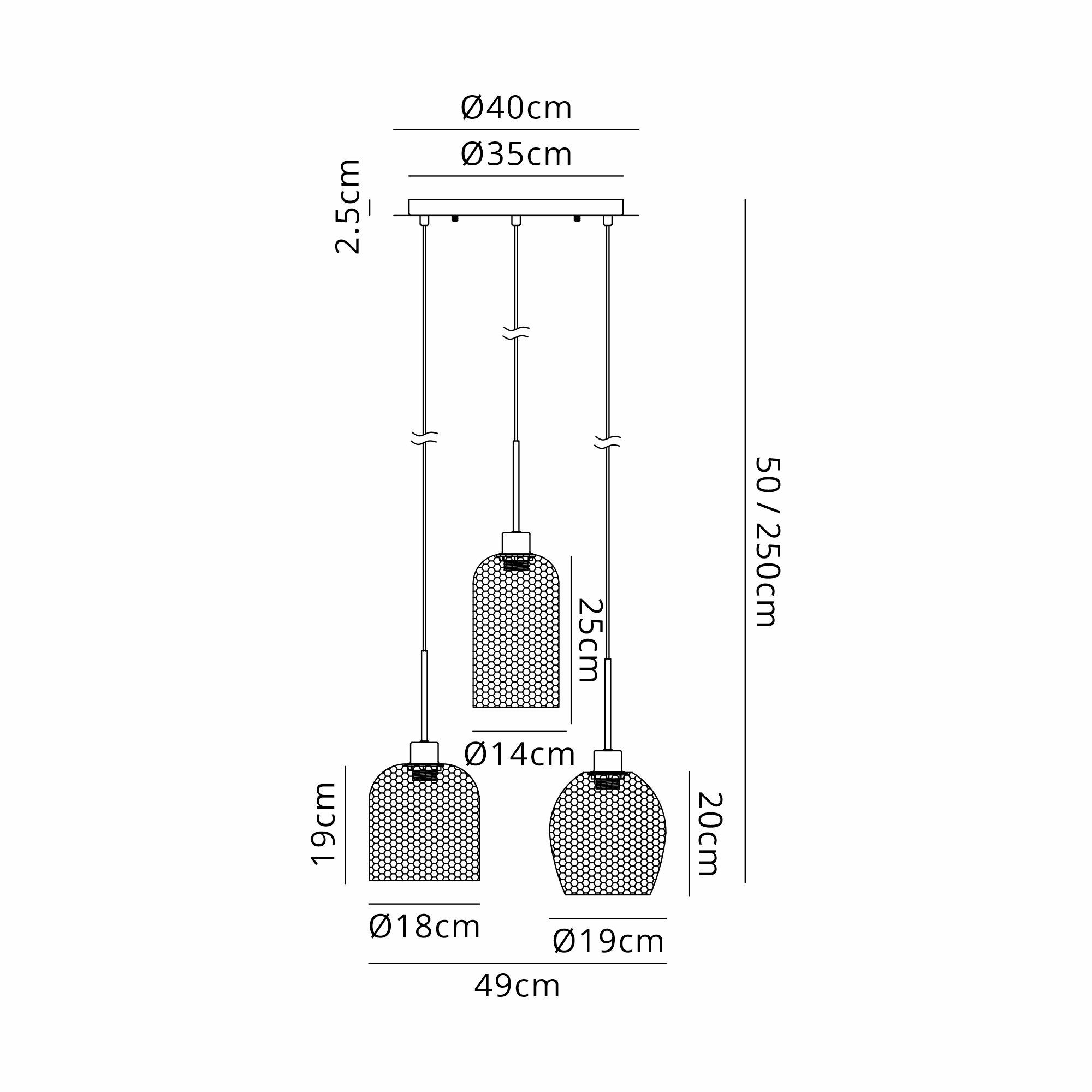Lori 40cm Round Pendant, 3 Light Adjustable E27, Polished Chrome/Matt Grey Various Patterned & Wine Shades DK1280  Deco Lori Polished Chrome